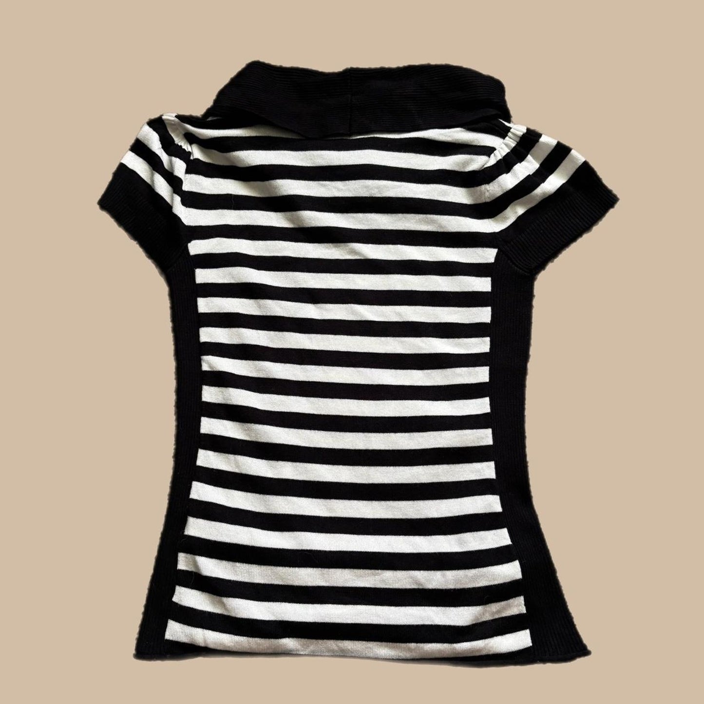 Y2K BLACK AND WHITE STRIPED COWL NECK RUCHED TOP