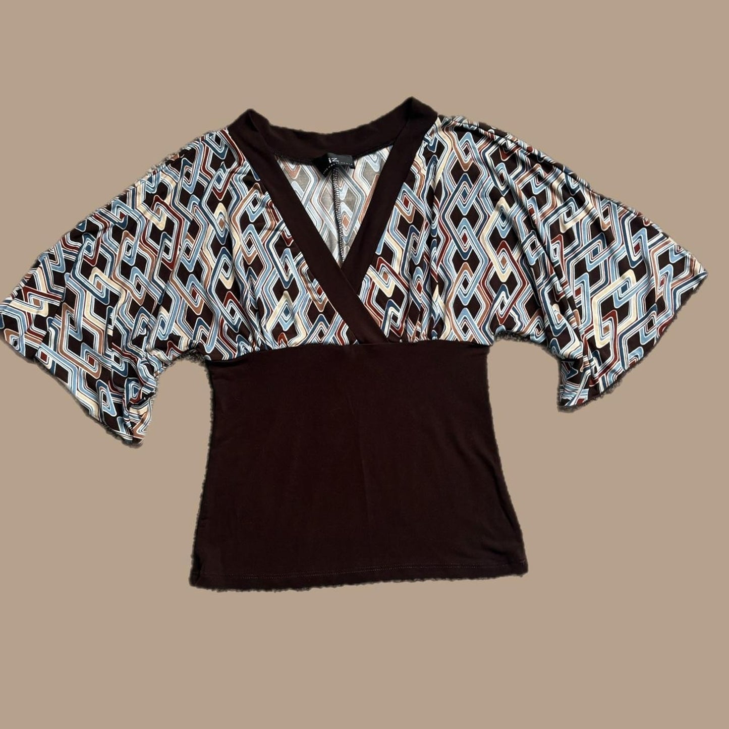 Y2k BROWN,TURQUOISE AND CREAM BLOUSE