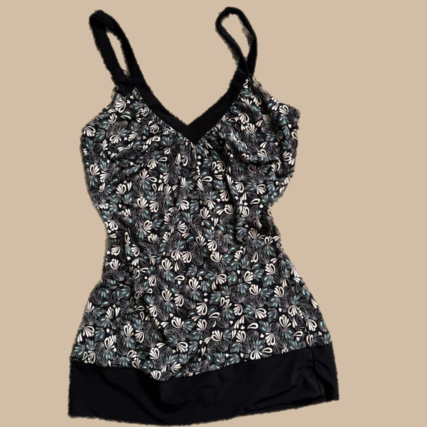 BLACK FLORAL WITH WHITE AND BLUE DETAIL TANK