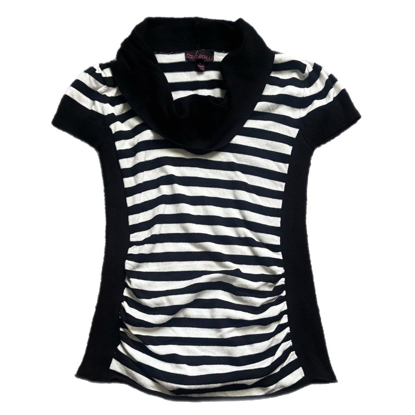 Y2K BLACK AND WHITE STRIPED COWL NECK RUCHED TOP