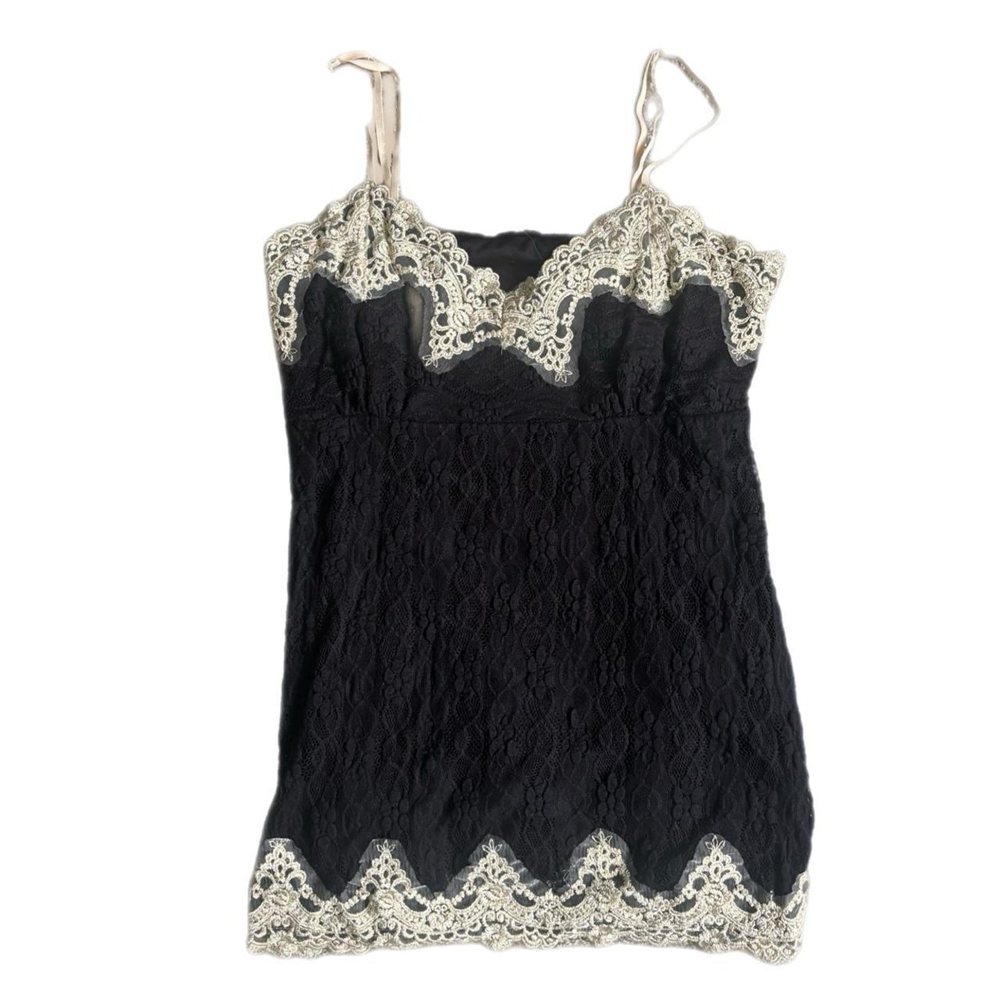 BLACK LACE CAMI WITH GOLDEN CREAM TRIM