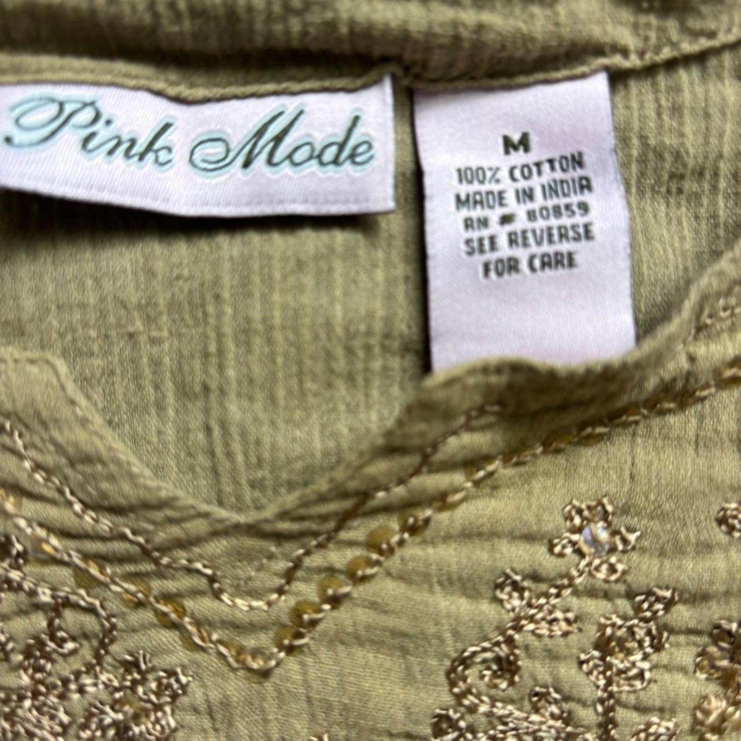 PINK MODE TAN Y2K LINEN BLOUSE WITH BEADED DETAIL