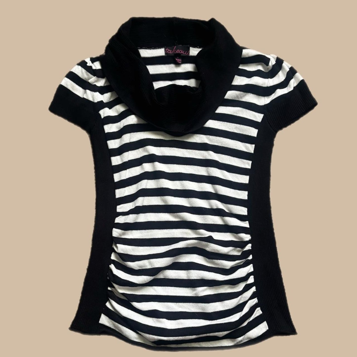 Y2K BLACK AND WHITE STRIPED COWL NECK RUCHED TOP