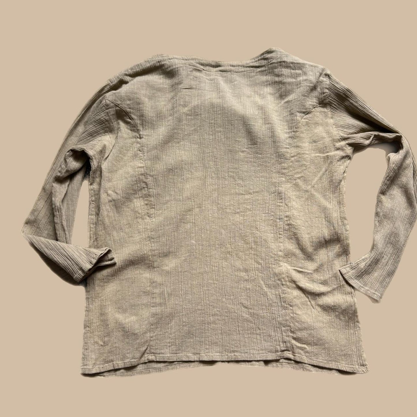 PINK MODE TAN Y2K LINEN BLOUSE WITH BEADED DETAIL