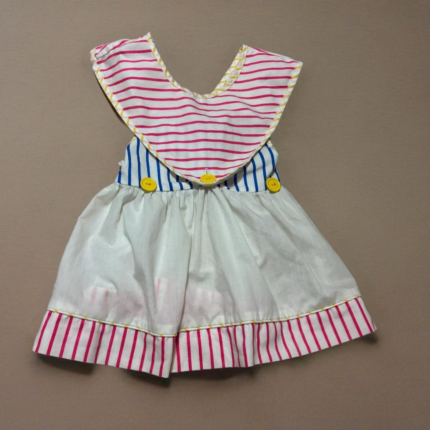 1990'S WHITE AND PINK STRIPED DRESS WITH BLUE AND YELLOW ACCENT
