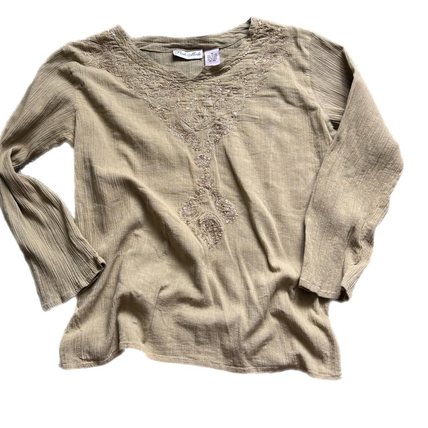 PINK MODE TAN Y2K LINEN BLOUSE WITH BEADED DETAIL