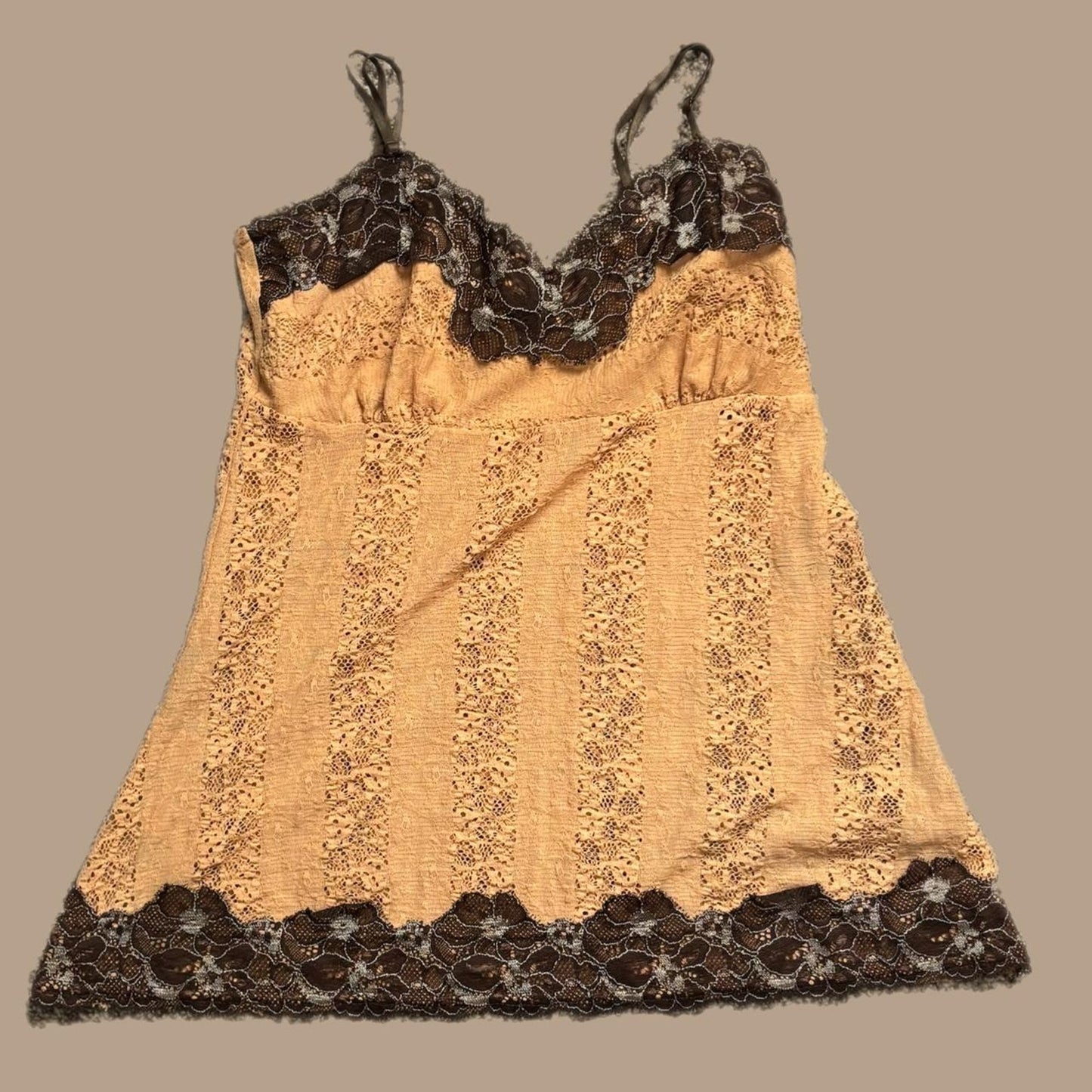 TAN CAMI WITH BROWN LACE AND BLUE TRIM