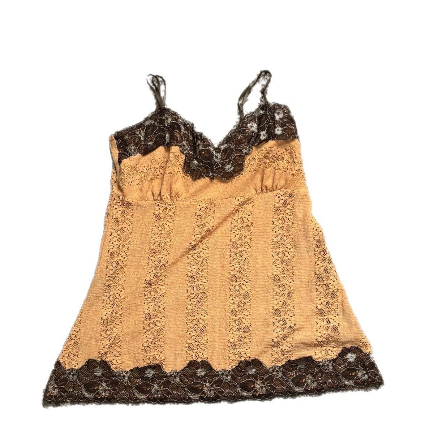 TAN CAMI WITH BROWN LACE AND BLUE TRIM