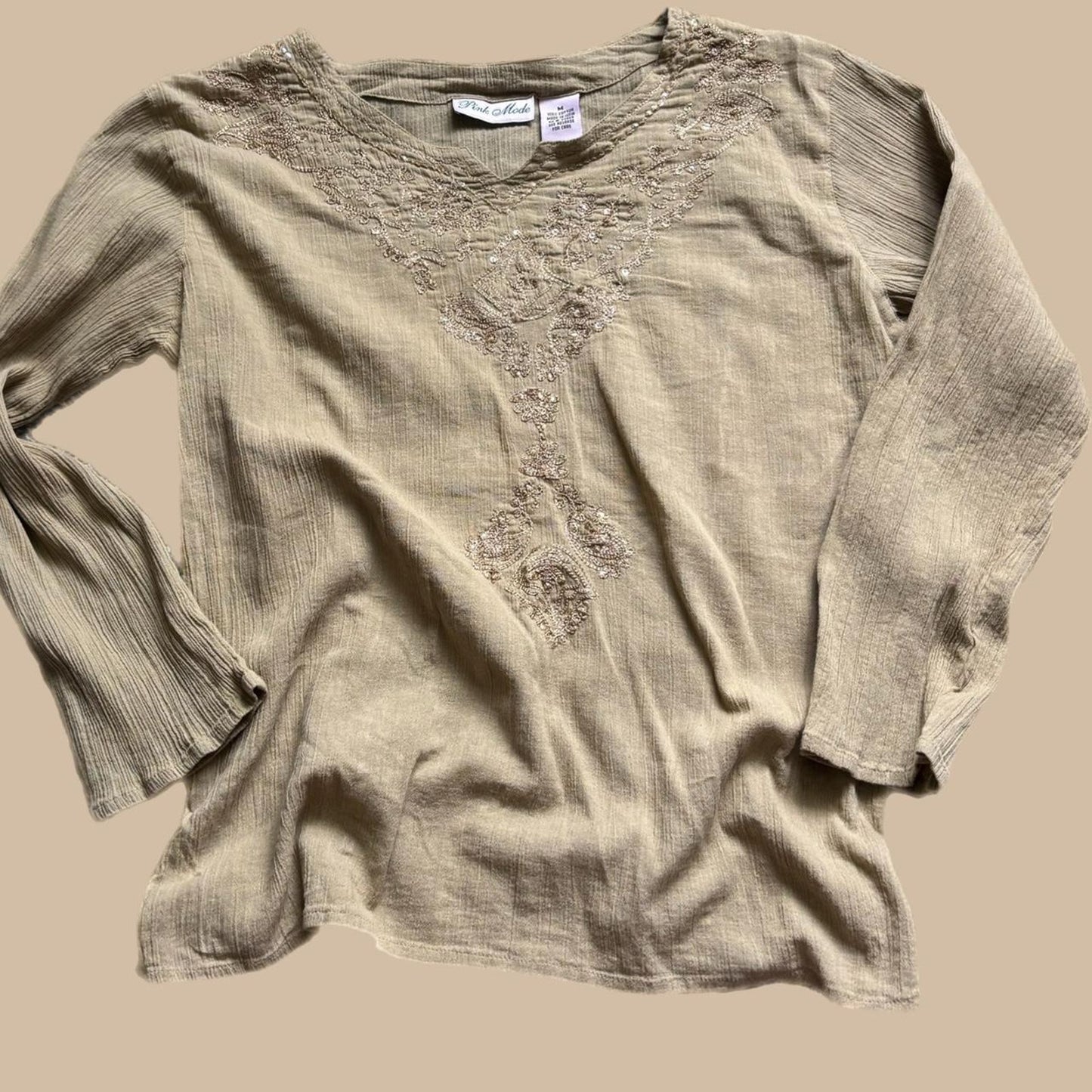 PINK MODE TAN Y2K LINEN BLOUSE WITH BEADED DETAIL