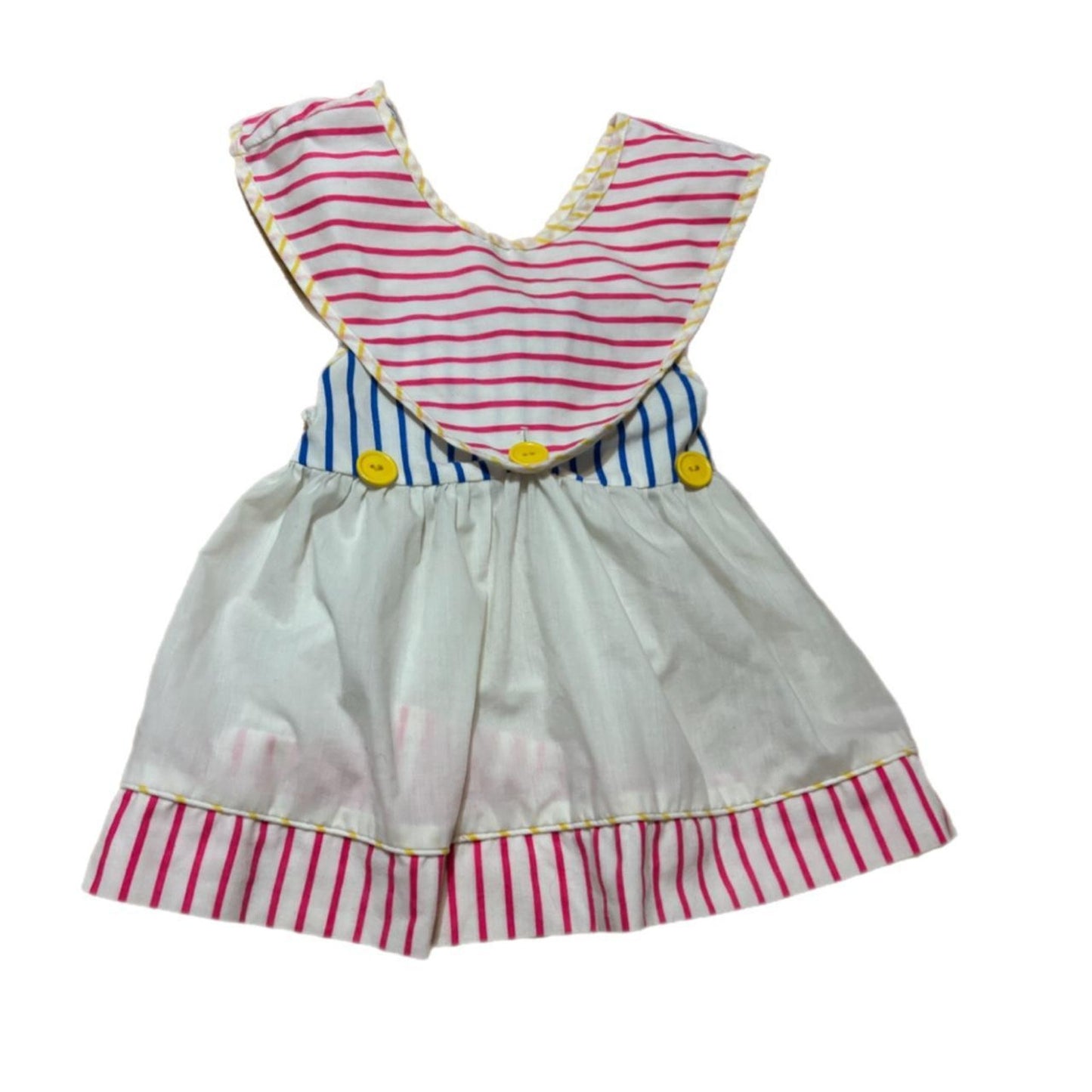 1990'S WHITE AND PINK STRIPED DRESS WITH BLUE AND YELLOW ACCENT
