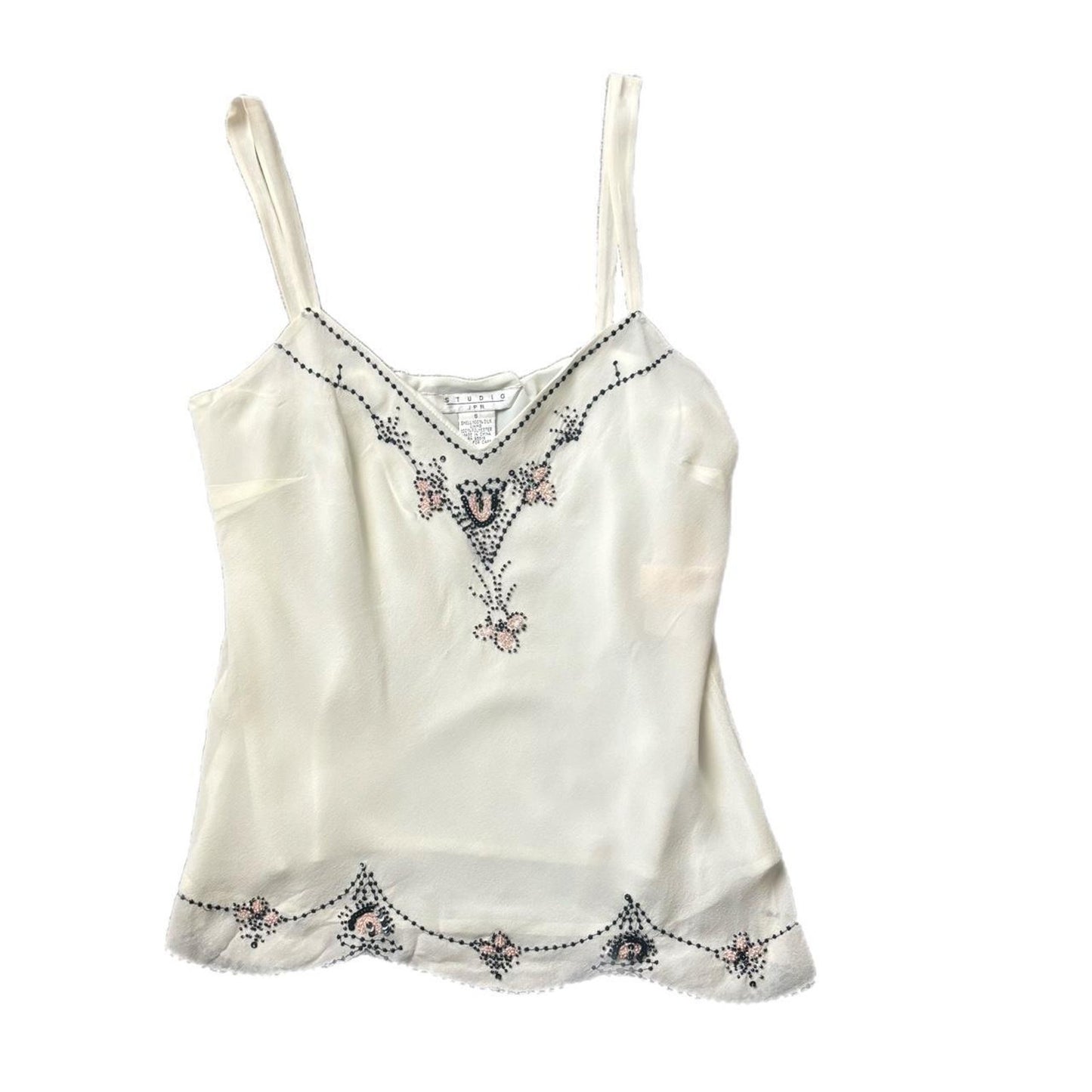 CREAM,BLACK AND PINK BEADED CAMI