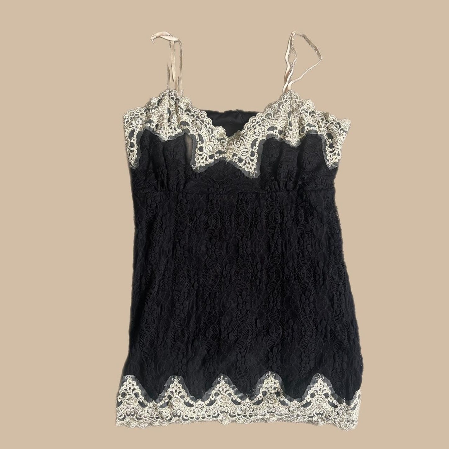 BLACK LACE CAMI WITH GOLDEN CREAM TRIM
