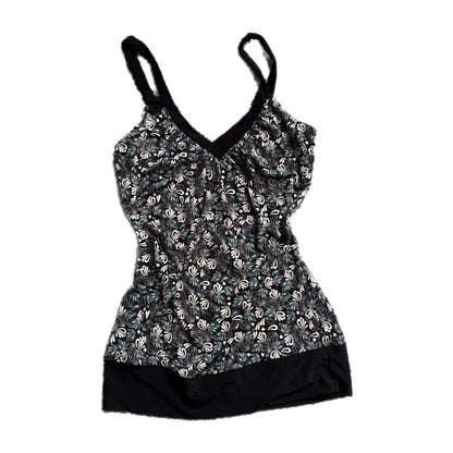 BLACK FLORAL WITH WHITE AND BLUE DETAIL TANK