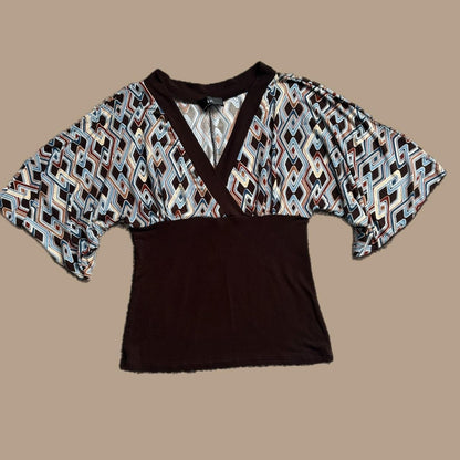 Y2k BROWN,TURQUOISE AND CREAM BLOUSE