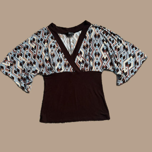 Y2k BROWN,TURQUOISE AND CREAM BLOUSE