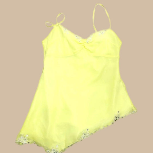 Y2K BRIGHT YELLOW SHEER ASYMMETRICAL SEQUIN TRIMMED CAMI