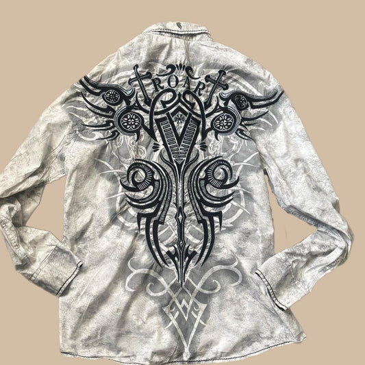 Y2K ROAR GREY BUTTON UP WITH BLACK TRIM