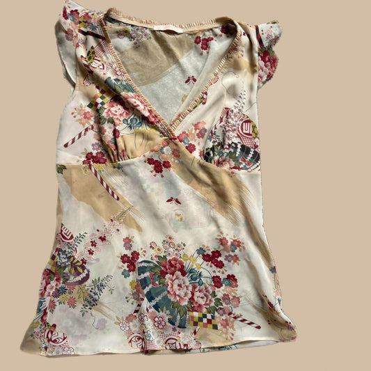 CREAM AND TAN SHEER FLORAL BLOUSE