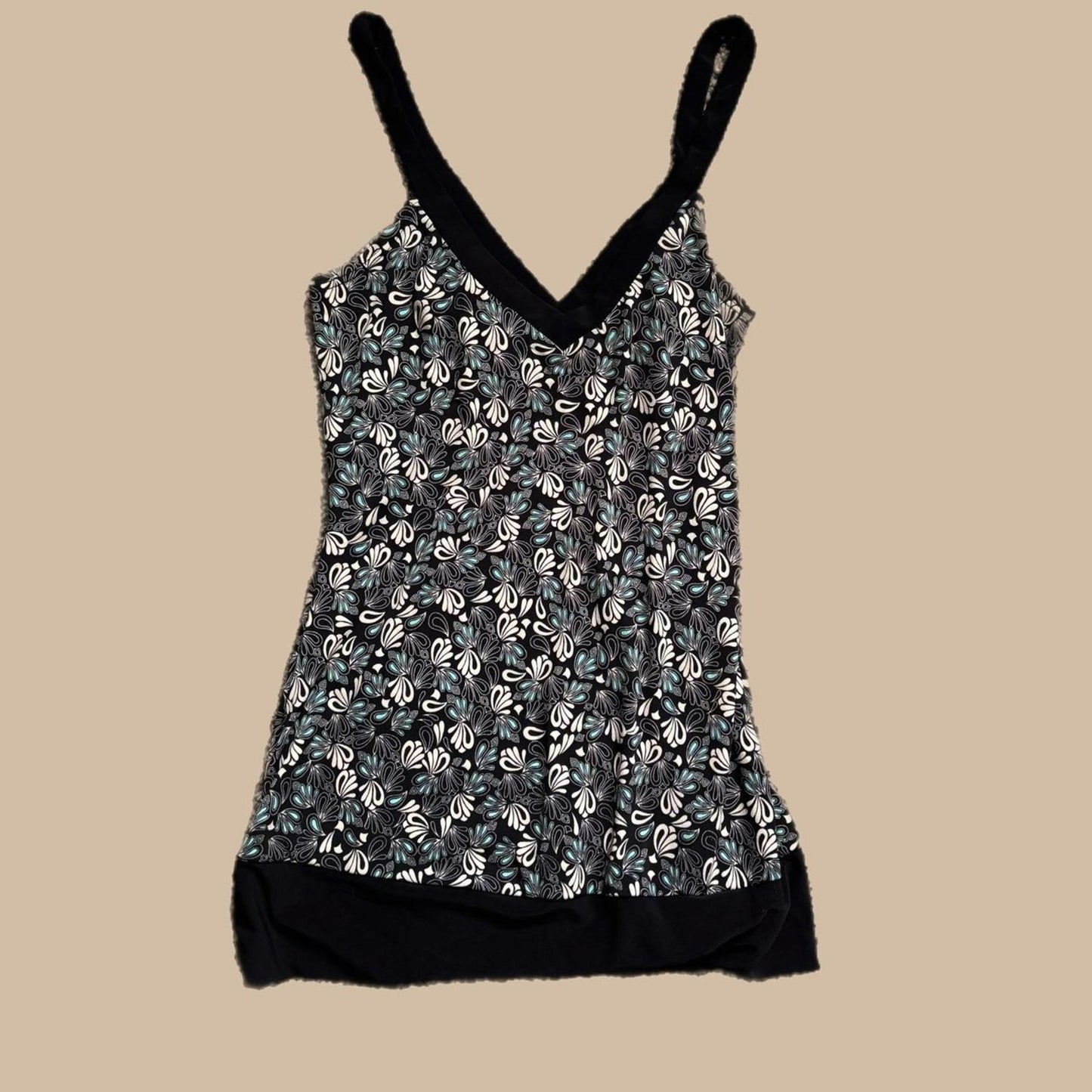 BLACK FLORAL WITH WHITE AND BLUE DETAIL TANK