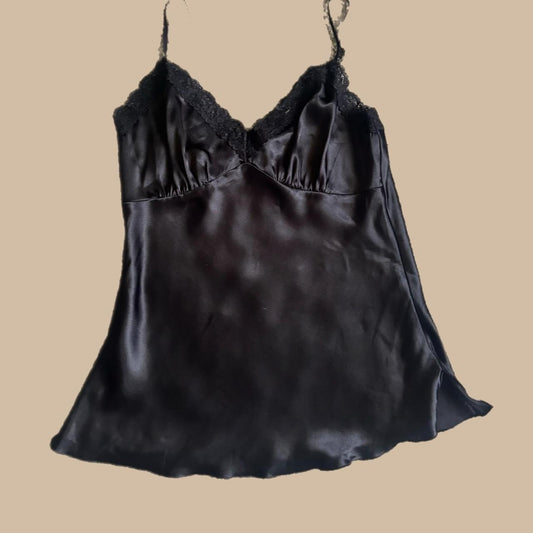 Y2k BLACK SATIN BABY DOLL CAMI WITH LACE TRIM