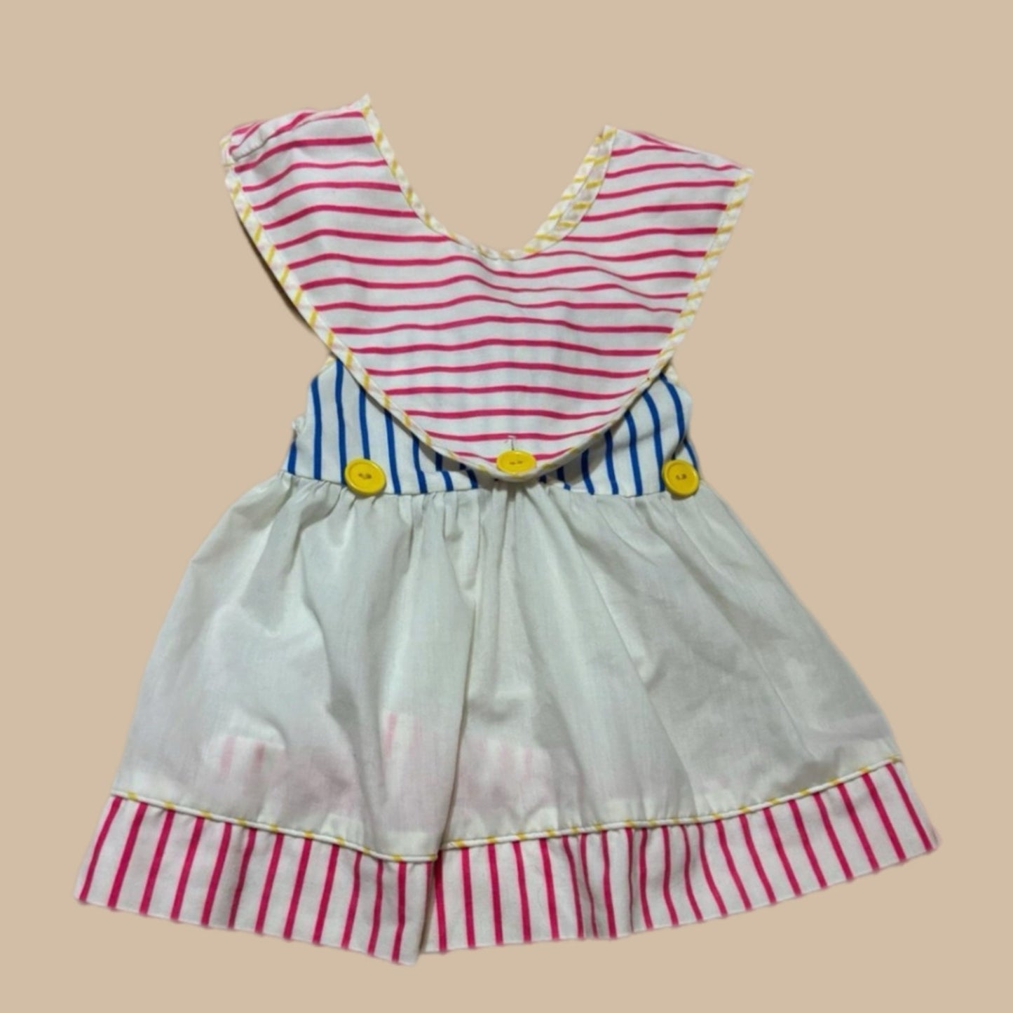 1990'S WHITE AND PINK STRIPED DRESS WITH BLUE AND YELLOW ACCENT