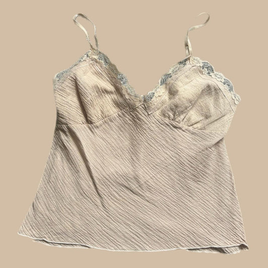TAN Y2K LINEN STYLED CAMI WITH LACE TRIM
