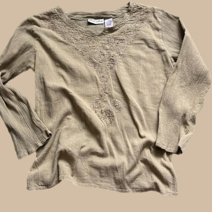 PINK MODE TAN Y2K LINEN BLOUSE WITH BEADED DETAIL