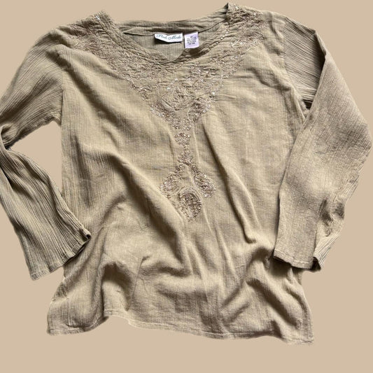PINK MODE TAN Y2K LINEN BLOUSE WITH BEADED DETAIL