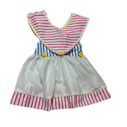 1990'S WHITE AND PINK STRIPED DRESS WITH BLUE AND YELLOW ACCENT